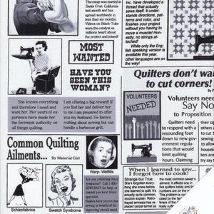 Könnte beinhalten: Ein Zeitungsartikel über Quilten mit der Überschrift "Quilter wollen keine Ecken abschneiden!" Der Artikel diskutiert einen Vorschlag, die Quilthours zu begrenzen. Es gibt mehrere Bilder von Nähmaschinen und eine Werbung für ein Quiltgeschäft.