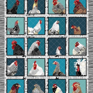 Könnte beinhalten: Eine Collage aus 16 verschiedenen Bildern von Hühnern, Hähnen und Hennen. Jedes Bild ist vor einem blauen Hintergrund mit einem weißen Gittermuster platziert. Die Hühner sind alle in verschiedenen Farben und Mustern gehalten, und einige haben den Kopf zur Seite gedreht, während andere geradeaus schauen.