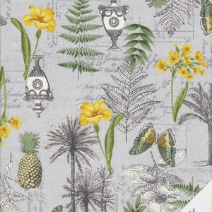 May include: A grey and white floral fabric with a vintage feel. The pattern features butterflies, pineapples, ferns, palm trees, and yellow flowers. The fabric has a handwritten text pattern in the background.