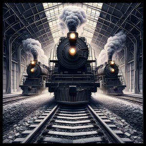 May include: Three black steam locomotives with bright headlights are positioned on parallel tracks inside a train station. Each train emits a large plume of white smoke. The station has a metal framework roof.