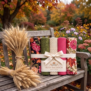 Pode incluir: Cinco rolos de tecido amarrados com uma fita creme com o texto Ruth Baudisch Quilt Shop. Os tecidos incluem padrões florais em fundos pretos e creme, um verde-oliva sólido, bolinhas creme e uma textura rosa sólida.