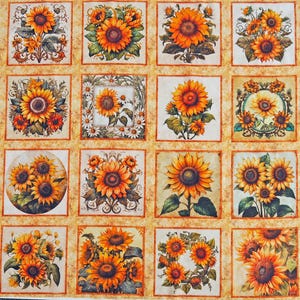 Pode incluir: Um painel de tecido com uma grade de dezesseis blocos quadrados, cada um exibindo ilustrações únicas de girassóis em tons de amarelo, laranja e marrom. Os blocos são separados por bordas laranja, com bordas florais decorativas nas laterais.