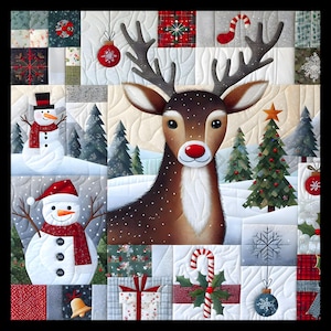 Peut inclure: Une courtepointe en patchwork sur le thème de l'hiver. Au centre, un renne brun au nez rouge. La courtepointe comprend également des bonhommes de neige, des cannes en sucre, des flocons de neige et des sapins de Noël.