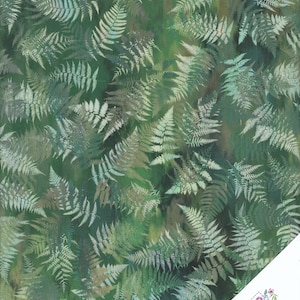 May include: Green fabric with a white fern pattern. The fabric has a batik style design with shades of green and white.