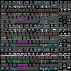 Può includere: Una tastiera nera con tasti colorati. I tasti sono etichettati con lettere, numeri e simboli. La tastiera ha un tastierino numerico sul lato destro.