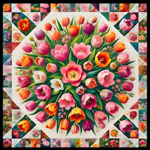 Puede incluir: Una colcha colorida con un diseño central de un ramo de tulipanes rosas, rojos, naranjas y blancos. La colcha está hecha de cuadrados de diferentes colores y patrones.