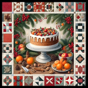 Könnte beinhalten: Ein festliches Bild mit einem dekorierten Kuchen auf einem Sockel, umgeben von Orangen, Äpfeln, Nüssen und Grünzeug. Die Szene wird von einem Patchwork-Quilt-Rand mit verschiedenen geometrischen Mustern umrahmt.