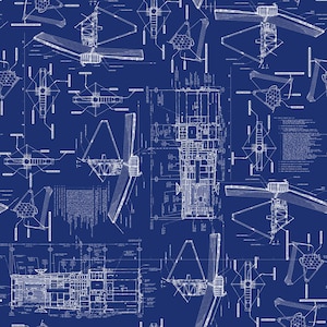 May include: A blueprint pattern of a satellite with detailed technical drawings and diagrams on a blue background.