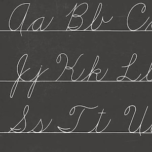 May include: A black and white image of cursive letters of the alphabet written on a chalkboard. The letters are 'a', 'b', 'c', 'f', 'j', 'k', 'l', 's', 't', and 'u'.