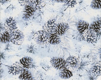 KIEFERNZAPFEN, KIEFERNZWEIGE, SCHNEE, Pearl Pine Cones Fabric No. 190336