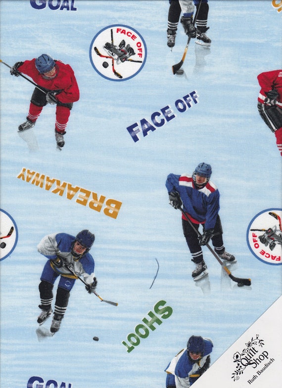 Sport Ice Hockey Goalie Player Dark Blue Cotton Fabric QT Face Off By The Yard
