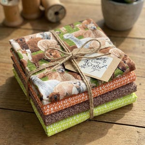Peut inclure: Un ensemble de tissus empilés et liés avec de la ficelle. Le tissu supérieur présente un imprimé d'alpagas sur de l'herbe verte. En dessous, des tissus aux motifs orange, marron et vert. Une étiquette indique "Cozy Crafts Fabric".