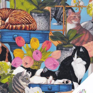 May include: A colorful fabric design featuring a variety of cats in different poses, surrounded by flowers, plants, and windows. The fabric features the text "Quilt Shop Ruth Baudisch".