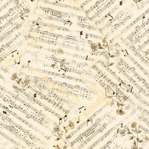 Könnte beinhalten: Ein Vintage-Hintergrund mit einem Muster aus überlappenden Musikblättern mit floralen Akzenten. Die Musikblätter sind verblasst und haben einen abgenutzten Look, mit sichtbaren Noten und Musikzeichen.