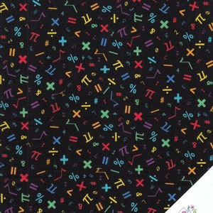 May include: Black fabric with a colourful pattern of mathematical symbols, including pi, plus signs, minus signs, multiplication signs, division signs, equals signs, percentage signs, and numbers.