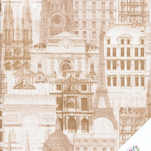May include: A beige fabric with a repeating pattern of brown Parisian landmarks, including the Eiffel Tower, Notre Dame Cathedral, and other buildings. The fabric has a vintage, sepia-toned look. The text "Quilt Shop Ruth Baudisch" is in the bottom right corner.