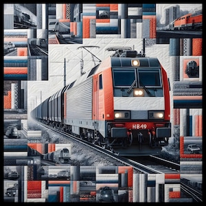 May include: A quilt depicting a red, grey, and black train with the text "HB49". The quilt is framed by a patchwork border with train and track imagery, and geometric patterns in shades of red, blue, and grey. The overall design is railway themed.