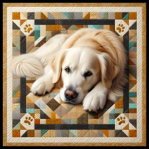 Può includere: Un cane Golden Retriever color crema che riposa su una trapunta patchwork. La trapunta presenta un motivo geometrico nei toni del marrone, beige e verde acqua, con motivi di impronte di zampe. Il cane ha gli occhi marroni.