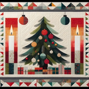 Pode incluir: Um edredom com tema natalino com uma árvore de Natal central decorada com enfeites. Duas velas acesas ladeiam a árvore. O edredom tem um fundo creme com uma borda geométrica em tons de vermelho, verde e cinza. Os presentes estão na base da árvore.