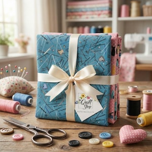 Może przedstawiać: Pakiety tkanin związane kremową wstążką, z niebieskim nadrukiem z igłami i sercami. Etykieta głosi "Quilt Shop Ruth Baudisch". Przybory do szycia, w tym nożyczki, guziki i szpulki nici, znajdują się na drewnianej powierzchni.