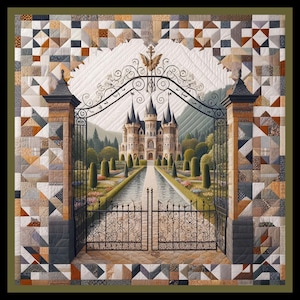 Könnte beinhalten: Ein quadratischer Quilt mit einer zentralen Szene eines Schlosses hinter einem verzierten schwarzen schmiedeeisernen Tor. Der Rand besteht aus einem geometrischen Patchwork-Muster in Braun-, Beige-, Grau- und Weißtönen, das die detaillierte Landschaft einrahmt.