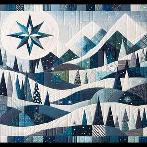 Peut inclure: Une courtepointe bleue et blanche avec un motif géométrique représentant un paysage montagneux enneigé. La courtepointe présente une grande étoile dans le coin supérieur gauche et une variété de formes géométriques bleues et blanches.