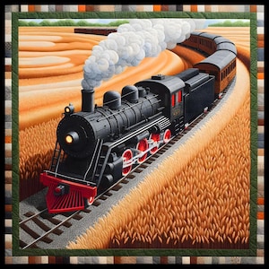 Könnte beinhalten: Eine schwarze Dampflokomotive mit roten Akzenten und einer weißen Rauchfahne fährt auf einer Strecke durch ein Weizenfeld. Der Zug hat mehrere Waggons und ist vor dem Hintergrund eines Weizenfeldes platziert. Der Quilt hat einen Patchwork-Rand.