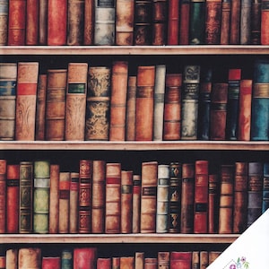 Peut inclure: Impression d'un tissu représentant une bibliothèque remplie de livres anciens. Les livres sont de différentes couleurs, notamment le rouge, le marron et le bleu, avec des couvertures et des dos usés. Le texte "Quilt Shop" et "Ruth Baudisch" est inclus.