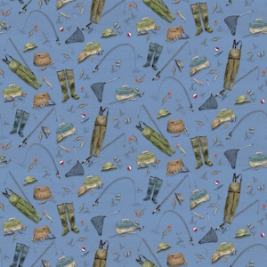 Peut inclure: Un motif sans couture représentant divers équipements de pêche sur un fond bleu clair. Le motif comprend des cannes à pêche, des boîtes à pêche, des cuissardes, des filets de pêche et des leurres.