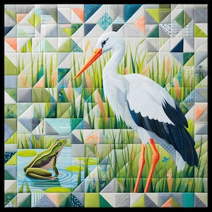May include: A white stork with black wing markings stands in a green and white patchwork of grass and leaves. A green frog sits in a pond in the foreground.