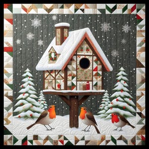 May include: A winter-themed quilted wall hanging. It depicts a snow-covered birdhouse, evergreen trees, and three robins. The birdhouse has a red and white roof, and the background is a dark grey with falling snowflakes. The quilt has a patchwork border.