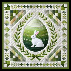 Può includere: Un arazzo quadrato trapuntato a tema pasquale. Il disegno presenta un coniglio bianco con orecchie rosa all'interno di una forma di uovo verde, circondato da una ghirlanda di foglie verdi e fiori bianchi. La trapunta ha un motivo geometrico verde e bianco.