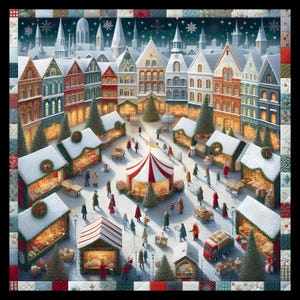 Könnte beinhalten: Eine festliche Weihnachtmarkt-Szene mit schneebedeckten Ständen, einem rot-weiß gestreiften Zelt und einer Kulisse aus bunten Gebäuden. Menschen schlendern über den Markt, umgeben von Weihnachtsbäumen und funkelnden Lichtern. Das Bild wird von einem Patchwork-Rand umrahmt.
