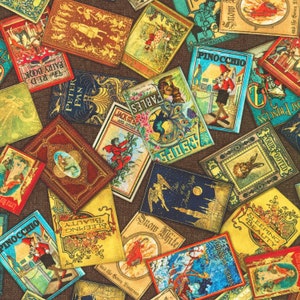 May include: A colourful fabric featuring a pattern of vintage book covers with titles such as "The Red Fairy Book", "Peter Pan", "Fables", "Snow White", "Sleeping Beauty", "Pinocchio", "Four Footed", "The Ost Princess", and "The Snow Queen".