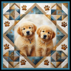 May include: A square quilt with a central image of two golden retriever puppies. The quilt's border features a patchwork design with brown, blue, and white triangles and paw prints. The puppies have light brown fur and wear blue pendants.