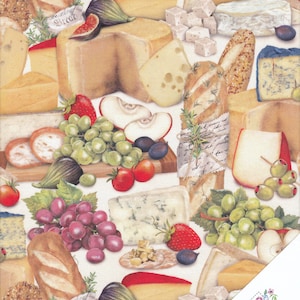 BREAD AND CHEESE, grapes, apples, figs &quot;Uncork &Unwind&quot; Fabric No. 200521