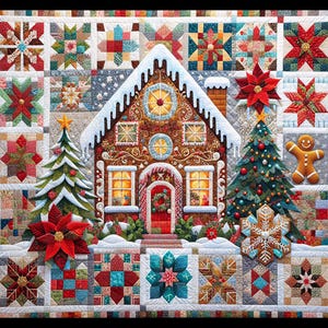 Può includere: Un quilt colorato a patchwork con una casetta di pan di zenzero, due alberi di Natale e un omino di pan di zenzero al centro. Il quilt è composto da diversi quadrati con motivi e colori diversi, tra cui rosso, verde, blu e bianco.