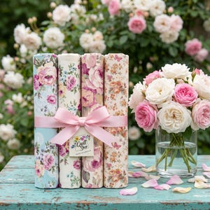 Peut inclure: Un ensemble de rouleaux de tissu floral, attachés avec un ruban et un nœud roses. Le tissu présente des motifs de roses dans des tons de rose, de violet et de crème. Une étiquette indique "Quilt Shop". Un bouquet de roses est placé à côté.