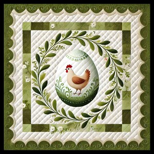 Może przedstawiać: Zielono-biała tkanina pikowana z białym jajkiem i brązową kurą w zielonym wianku. Jajko jest ozdobione zielonymi liśćmi, a kura stoi na zielonym gnieździe.