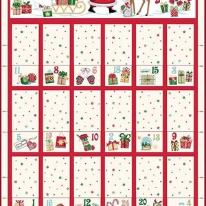 Op de afbeelding: Een rode en witte kerst-adventskalender met 24 genummerde vakjes. Elk vakje heeft een andere feestelijke illustratie, waaronder cadeaus, ornamenten, een sneeuwpop, de kerstman en een rendier. De kalender is versierd met een rode rand en een witte achtergrond met groene sterren.