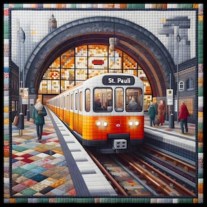 Peut inclure: Une œuvre d'art matelassée représentant une scène de gare. Un train orange et blanc, avec l'inscription "St. Pauli", est à quai. La gare a une grande fenêtre en arc avec des vitraux. Une personne marche sur le quai, d'autres attendent à proximité.