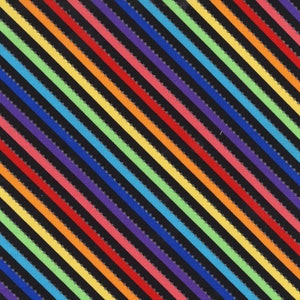 May include: Diagonal stripes in rainbow colours on a black background. The stripes are outlined with a silver glitter.