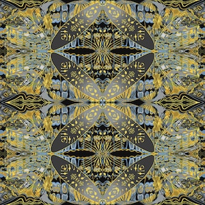 May include: A symmetrical pattern with a black background and gold and blue accents. The pattern is made up of repeating shapes and lines, creating a complex and intricate design.