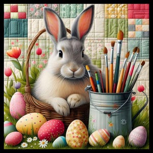 Puede incluir: Un conejo gris y blanco en una cesta de mimbre, rodeado de huevos de Pascua coloridos y pinceles. Un cubo de metal contiene varios pinceles. El fondo es un edredón de retazos con motivos florales. La imagen evoca un tema primaveral.