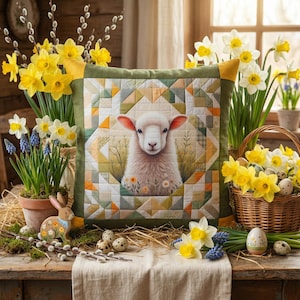 HANDMADE, complete 40 cm x 40 cm Easter patchwork cushion "Little Lamb"