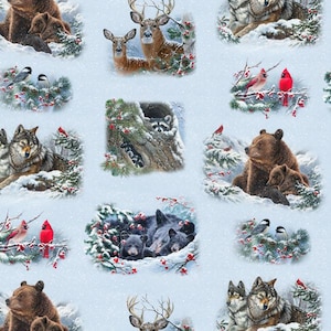 Pode incluir: Um padrão invernal azul e branco com vários animais, incluindo ursos, lobos, veados e guaxinins. Os animais são retratados em um ambiente de floresta nevada com bagas vermelhas e cardeais.