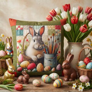 HANDGEFERTIGTES, komplettes 40 cm x 40 cm Oster-Patchwork-Kissen "Malermeister-Osterhase"