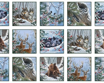 ANIMALS IN WINTER, Wolves, Red Deer, Bear, Panel Fabric No. 201035