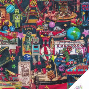May include: A vibrant fabric design showcasing vintage toy illustrations. Robots, a Ferris wheel, a carousel, and a globe are among the many toys depicted. The words "TELEVISION ROBOT" and "CIRCUS" are visible. The overall theme is a nostalgic toy collection.