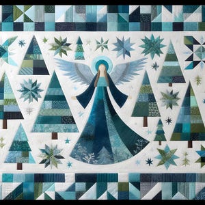 Op de afbeelding: Een handgemaakte quilt met een engel met uitgespreide vleugels, omringd door gestileerde kerstbomen en sterren. De quilt gebruikt tinten van blauwgroen, blauw en groen op een witte achtergrond, met een geometrische rand. Een prachtig stuk textielkunst.